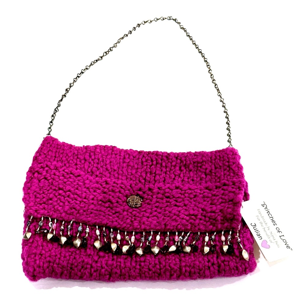 Handmade Beaded Fringe Shoulder Bag Purse 9" x 13" Pink Boho Crochet Knit Hippie